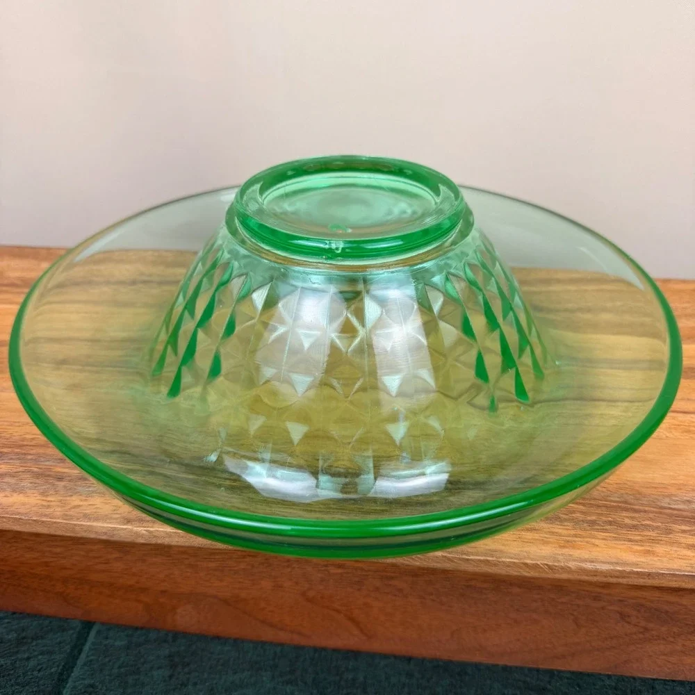 Imperial Glass Flat Diamond Green Uranium Glass Console Bowl Rolled Rim Vintage